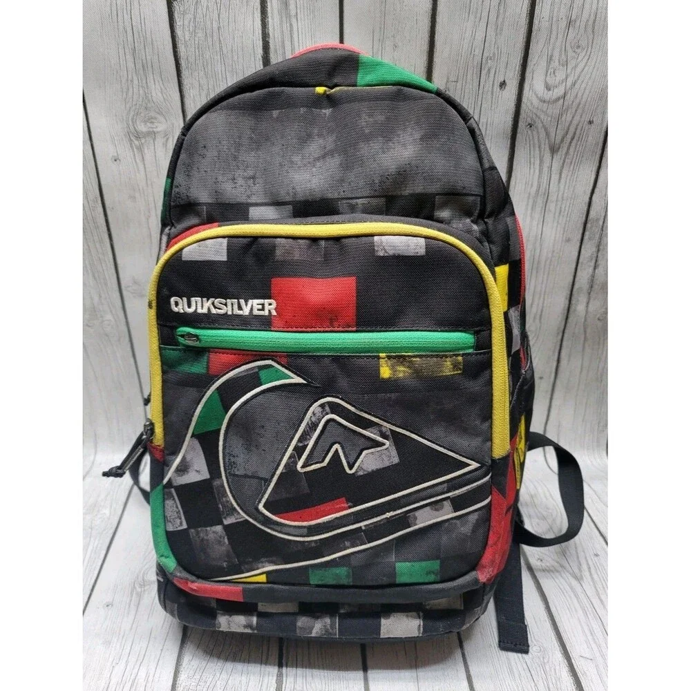 Quiksilver Backpack DNA Rasta Colorful Block Book Bag Surf Beach Backpack Rare